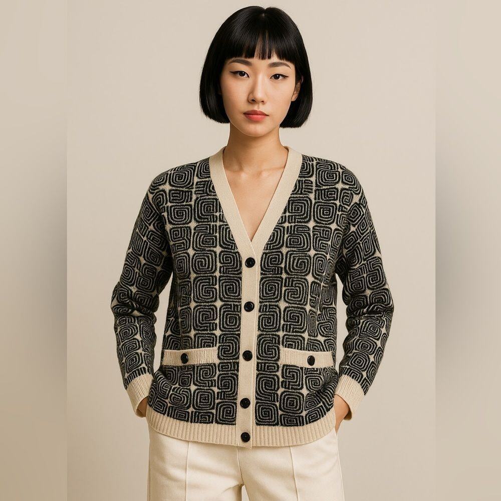 NWT EENK Quintessence Queta Wool Cardigan Black Ivory Geometric Knit One Size M